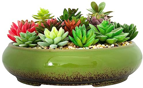 ARTKETTY Plant Pot - 29CM Large Bonsai Pot with Drainage Shallow Ceramic Succulent Plant Pot Indoor/Outdoor, Glazed Cactus Flower Plant Container Bowl for Home Garden Decor