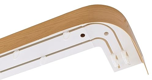 Garesa Gardinenschiene 2-läufig,Weiß I Vorhangschiene aus Kunststoff inkl. Gleiter I Vorgebohrt zur Deckenmontage I Mit Blende Farbe Eiche Hell + Retoure I 410cm