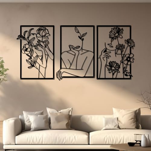 YiYa 3 Stück Wanddeko aus Metall Minimalistische Metall Wandkunst Wanddeko Schwarz Minimalistische Frau Wand Hängen Ästhetisch für Zuhause Wohnzimmer Küche