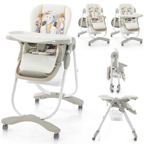 COSTWAY High Chair for Babies and Toddlers, Adjustable & Folding Baby Highchair with Lockable Wheels, Removable Double Trays, 5 Point Harness, Storage Basket (White)