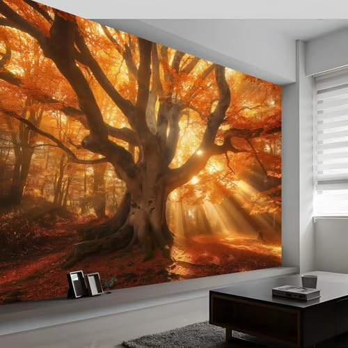 Murales de Pared Paisaje Naturaleza Árbol Viejo Sol Papel Tapiz, Naranja Cartel de la Foto Murales de Pared Decorativos para Sala de Estar y Dormitorio (220gsm Tela No Tejida, 300 x 210 cm (W x H))