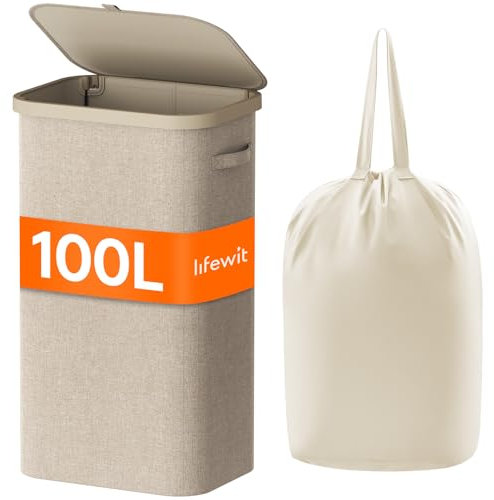 Lifewit 105L Laundry Basket with Lid, Large Laundry Hamper with Plastic Handles and Removable Bag, Foldable Tall Dirty Clothes Hampers for Laundry for Laundry Room, Bedroom, Bathroom, Dorm, Beige