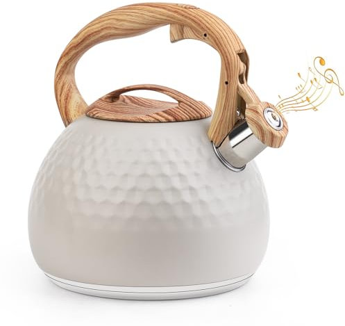 Sampoes Bollitore Acqua con Fischio 3L, Bollitore Induzione in Acciaio Inox, Bollitore a Fischio con Manico in Legno, Bollitore Acciaio per Tè e Caffè, Bollitore per Tutti i Piani Cottura