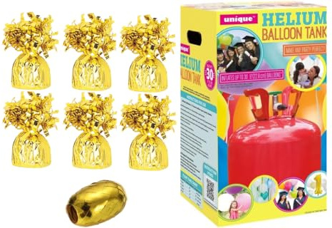 helium balloon canister with balloon weights and Ribbon (Gold Weight, Small Canister)