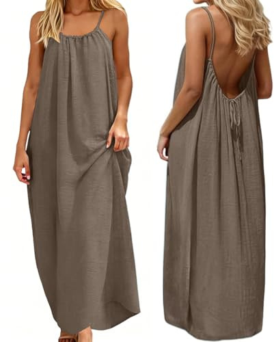 Summer Dresses for Women Sexy Spaghetti Strap Cami Solid Backless Loose Maxi Long Vacation Dress Back Tie (Brown, L)