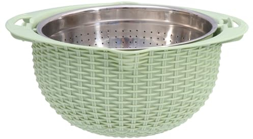 MUELODSIC Passoire Rotative Double Couche en Inox avec Couvercle Vert Nordique, Panier D'égouttage Multifonction pour Fruits et Légumes, Panier Cuisine Pratique et Rangement