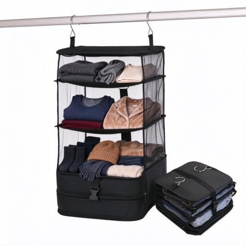 SINJAETRQ Hanging Wardrobe Organiser and Packing Cubes for Suitcases - Black Polyester Portable Wardrobe for Travel, Hotel Stays, and Easy Luggage Storage