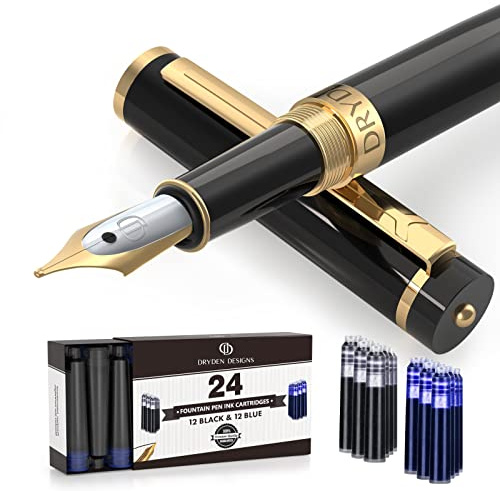 Dryden Designs Fountain Pen Medium Nib Gift Pouch - with 24 Ink Cartridges - MCM (Intense Black)