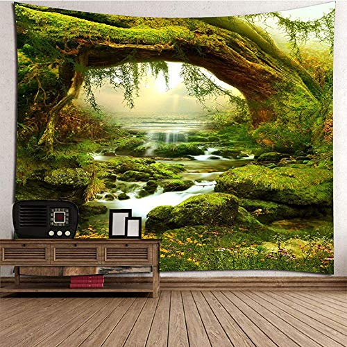 AYES Wandteppich PsychedelicTapisserie Wald Helle Sonnenlicht Wandbehang Landschaft Bohemian Dschungel Wandkunst Dekore (1800x1800mm)
