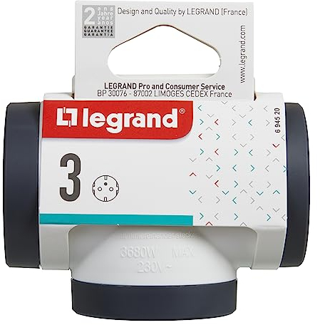 LEGRAND Adaptadores 2P+T, 3 tomas de enchufes/corriente laterales, Ladron de enchufes, color blanco/gris oscuro 694520