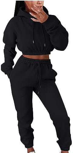 EMATOP Damen Tracksuit Kuschelig Sportanzug Zweiteiler Sport Outfit Elegant Langarm Sweatshirt und Lange Hose Jogginganzug Casual Einfarbig Hoodie Kapuzenpullover und Sweathose Freizeitanzug