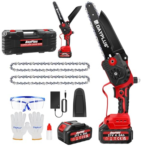 4000mAh Battery Chainsaw with Battery and Charger, 8 Inch Portable Power Chainsaw Cordless Pruning Saw, 8800RPM Chain Speed, 21V 840W, Brushless Motor, Security Lock, Carry Case