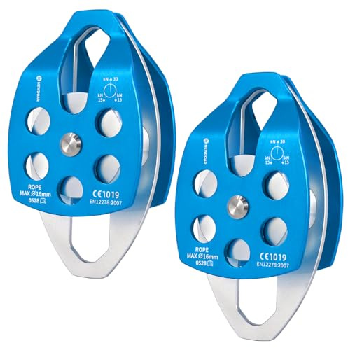 NewDoar Polea de rescate grande con certificación CE, polea doble de 30 KN, polea individual/doble con placa oscilante para transporte de rescate, arborista, escalada de árboles (polea doble, azul, 2