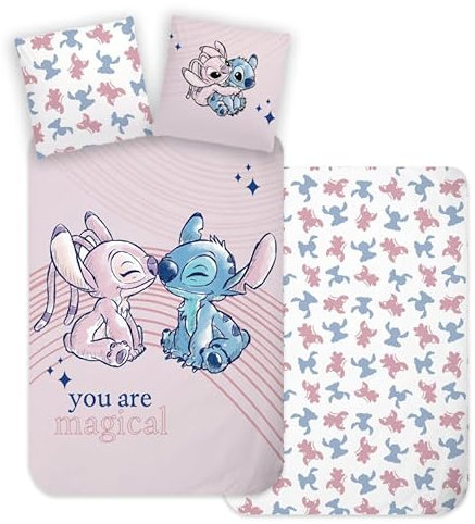 BrandMac Stitch & Angel Bedding Set for Baby or Junior Bed, 100% Cotton and Reversible, Duvet Cover 100 x 135 cm and Pillowcase 40 x 60 cm