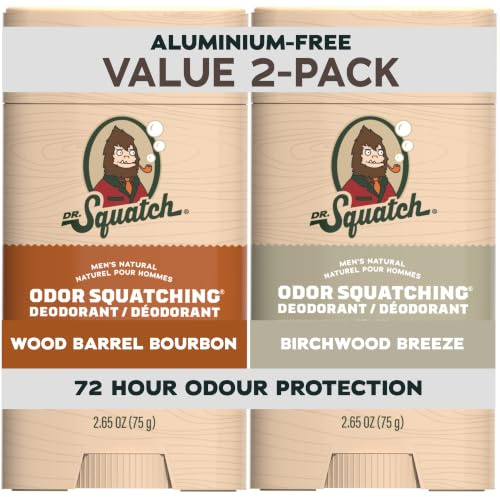 Dr. Squatch Naturligt deodorant för män utan aluminium, med aktivt kol & postbiotika för upp till 72 timmars skydd mot kroppslukt – Wood Barrel & Birchwood Breeze, 75g Deo Stick för herrar (2-pack)