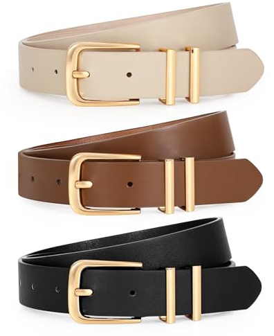 WERFORU Lot de 3 Ceintures Femme en Cuir Ceinture Mode Réglable pour Femme avec Boucle Dorée pour Jeans Robes Pantalons,Noir/Café/Beige
