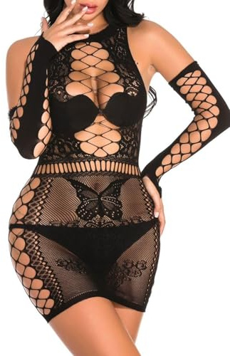 Mujer Lencería Sensual Malla Excavar Mini Vestido Sexy Babydoll de Pesca Corsé Ropa Interior Femenina Trajes Sexy Bodysuit de Red con Guantes Bodystocking Babydoll, Negro , Talla única