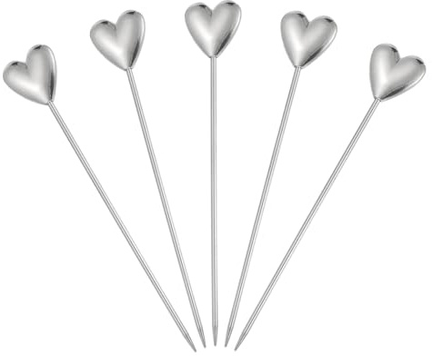 sourcing map 5 Stück Edelstahl-Cocktailspieße, 11,4 cm, Martini-Picker, Obststäbchen, Metallspieße, wiederverwendbar, für Getränke, Oliven, Vorspeisen, Obst, dekorativ, Silber (Herz)