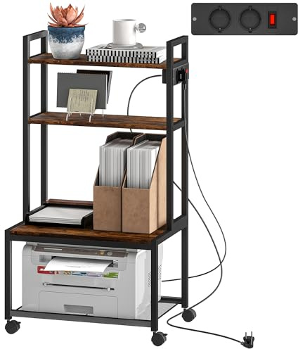 HOMCOM Soporte para Impresora con Estación de Carga Mueble para Impresora de 4 Niveles con Ruedas y Marco Metálico para Oficina Casa Escuela Marrón Rústico