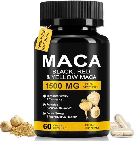 Daiasns Organic Maca Root Powder Capsules 1500 mg with Black + Red + Yellow Peruvian Maca Root Extract Supplement for Men and Women - 60 Vegan Capsules
