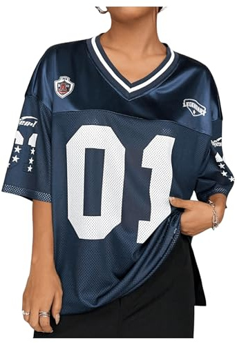 GORGLITTER Women's Letter Oversized Jersey Top T Shirts | Half Sleeve, Loose Fit, V Neck Mesh Tops, Summer Oversized Jersey Tops for Campus, Baseball, Football