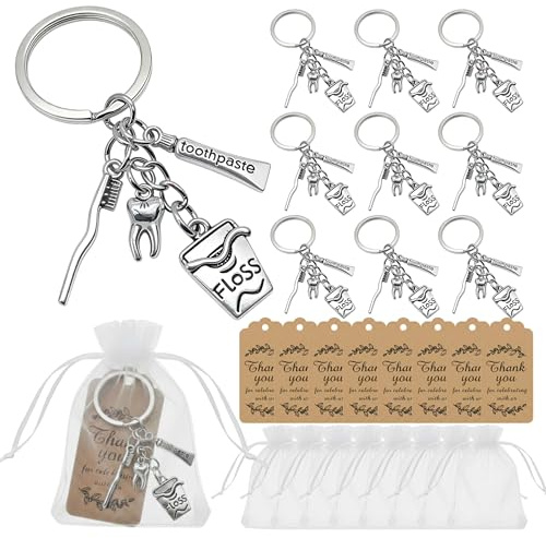 20 Pack Dental Keychain Gift Set, Includes Thank You Tags and Organza Bags Tooth Toothbrush Floss and Toothpaste Charms, Appreciation Gifts for Dental Hygienists Assistants Graduation and Clinic Staff