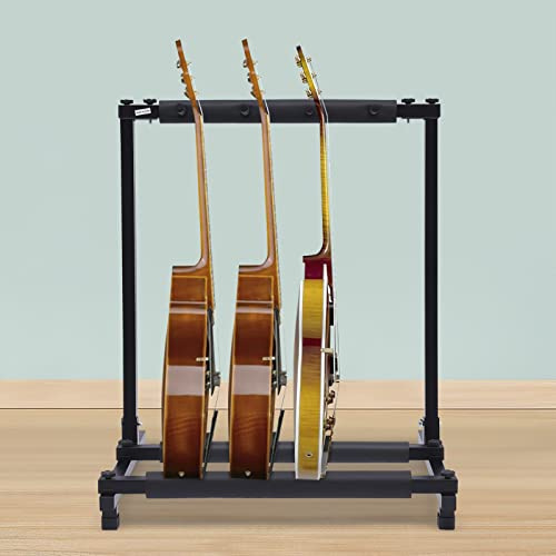 YEITBY Gitarrstativ robust metallstativ för 3 gitarrer, vikbar gitarrhållare med flera fack med järnkonstruktion och gummistoppning för akustik, bas, elgitarr, gitarrtillbehör