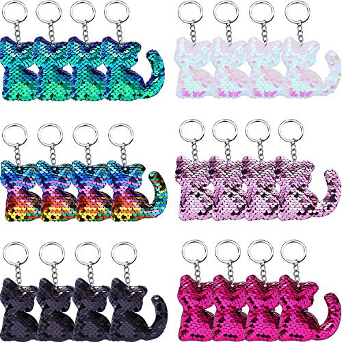 Blulu 24 Pieces Flip Sequin Cat Keychains Cat Style Shape Keyring for Kitties Birthday Party Valentines Favors Decorations Supplies