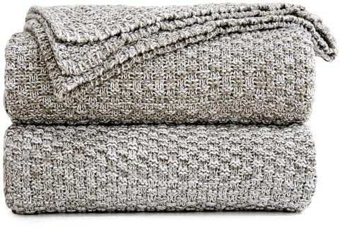 Longhui sängkläder stickad filt för soffan, mjuk, mysig maskintvättbar 100% bomullsfilt, tung 1,7 kg vikt, tvättpåse ingår, grå och vit