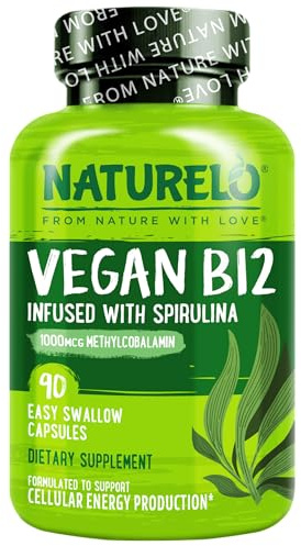 NATURELO Vegan B12 - Methyl B12 with Organic Spirulina - High Potency Vitamin B12 1000 mcg Methylcobalamin - Supports Healthy Mood, Energy, Heart & Eye Health - 90 Capsules