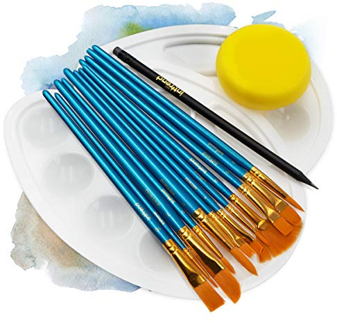int!rend Kit de Pinceles Pintura Acrilica Acuarela Óleo y Tempera - Set Completo 12x Pinceles Pintura con 2X Paletas 1x Esponja y 1x Lápiz - Set Pinceles Acuarela Profesional