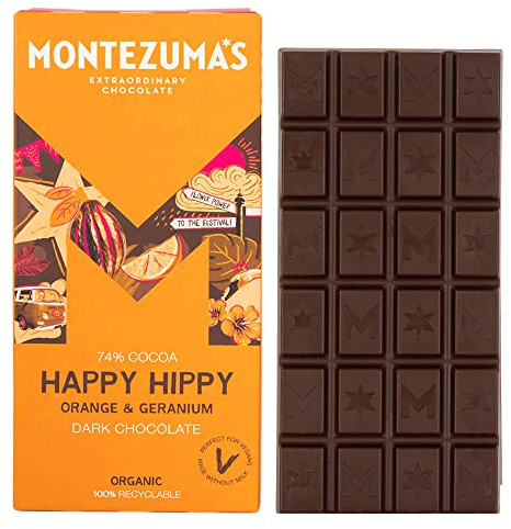 Montezuma's Happy Hippy, 74% Cocoa, Dark Chocolate With Orange & Geranium, Gluten Free, Naturally Vegan & Organic, 90g Bar