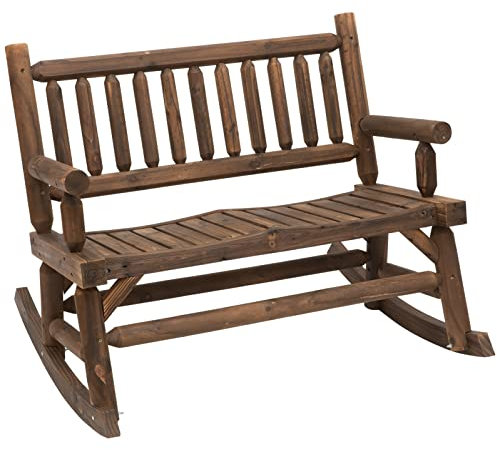 Outsunny Garden 2-Seater Rocking Bench Wood Frame Rough-Cut Log Loveseat Slatted High Back Rustic Style with Armrests Garden Outdoor Furniture - Dark Stain Brown