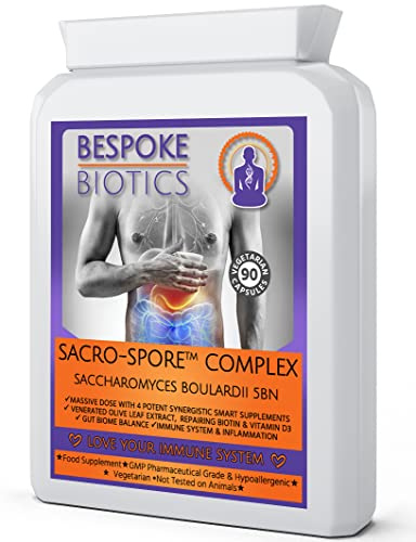 Saccharomyces Boulardii | Sacro-Spore |Safe Protecting Colonising Spore Yeast | Digestive Biome Supplment Leaky Gut| Acne| Candida|UTI| Powerful 5 Billion cfu Vitamin B7+Olive Leaf | UK Made 90 Caps'