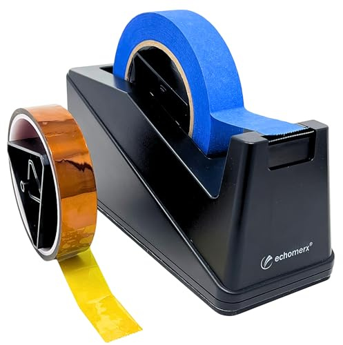 echomerx Tape Dispenser, Large Weighted Desktop Tape Holder with Stable Heavy Base for One-Handed Use, Masking Tape, Painters Tape, Heat Tape & Kapton, Fits 1” & 3” Core Rolls, Black