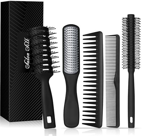 SalonSilk Hair Brush for Men, 5 Piece Men's Hair Brush and Styling Comb Set - Professional Hairdressing Tool for All Hair Types, Perfect for Styling, Grooming and Detangling
