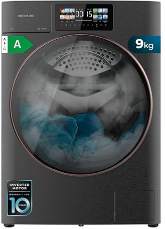 Cecotec Lave-linge 9Kg Chargement Frontal Autodose Bolero DressCode 9950 Autodose Inverter 3D Steel A. 1400 Tr/min, Design Core Matrix Screen, Porte XXL, Éclairage Intérieur