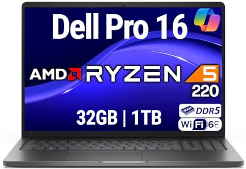 Dell Pro 16 FHD+ 16 (Replaces Latitude 3550), AMD Ryzen 5 220, 32GB DDR5 RAM, 1TB SSD, Backlit Keyboard, WiFi 6E + BT, RJ-45, HDMI, HD Webcam, W11P, Business Laptop, Black