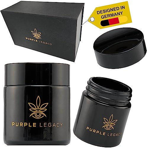 PURPLE LEGACY® 2x Stash Jar 100 ml UV-Aufbewahrungs-Behälter Stash Gläser, UV-Glas, Kräuter Aufbewahrung UV-Schutz-Vorratsglas Geschenke Set | Luftdichte Dose Luftdicht Luftdichte Box