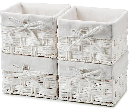 EZOWARE 4er-Set Korb-Aufbewahrungsbehälter, Geflochtenes Papierseil, Quadratischer, Handgewebter Organizer, Aufbewahrungskorb mit Einsatz Für Babyzimmer, Kinderspielzeug, Zuhause Weiss