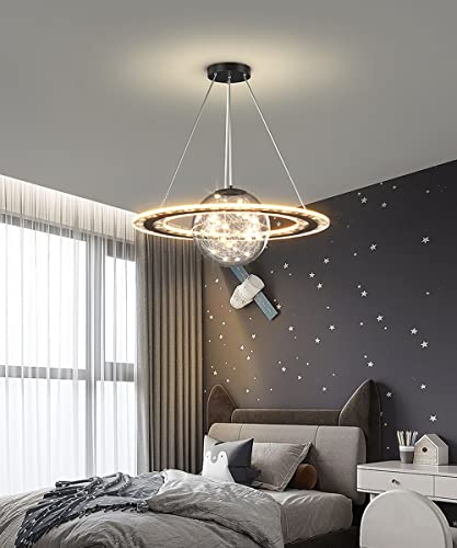 Bellastein Dimmbar Planet Hängelampe Rund Design Modern Kinderzimmer Deckenleuchte mit Fernbedienung und Glaskugel Pendellampe Höhenverstellbar Schlafzimmer Wohnzimmerlampe (Schwarz, L37cm/20W)