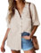 HOTOUCH Womens V Neck Long Sleeve Shirts Casual Cotton Button Down Blouse Solid Color Shirts Top Beige S