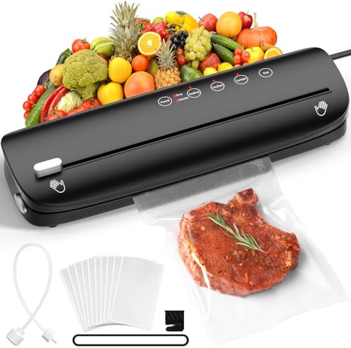 Acmeenjoy Envasadora al Vacío con Cortador de Película, Maquina al Vacio de Alimentos para Uso Doméstico y Comercial, Secos y Húmedos, Incluye 10 Bolsas y Tubo de Vacío, Negra