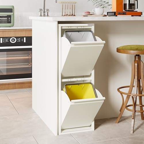 VEEHAUS Küche Mülleimer Für Den Vielseitigen Einsatz Mit Klappen Aus Edelstahl Stilvoller Abfalleimer Für Eine Effiziente Und Praktische Aufbewahrung Creme Weiß (2 x 15 LT - 30 LT)