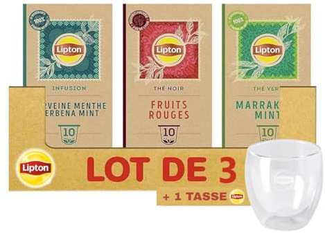 Lipton Thé Noir, Thé Vert, Verveine capsules (3 boîtes + 1 tasse) : Verveine Menthe x1, Fruits Rouges x1 et Menthe de Marrakech x1, 30 Capsules + 1 Tasse Lipton