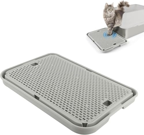 Kalolary Rampe de litière pour Chat avec Couche filtrante - Marches antidérapantes pour litière - Idéal pour Les Chats de Petite et Moyenne Taille (Gris Clair Grand)
