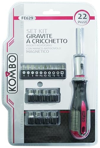KOMBO - Destornillador de carraca con 22 piezas puntas y llaves - Mango antideslizante
