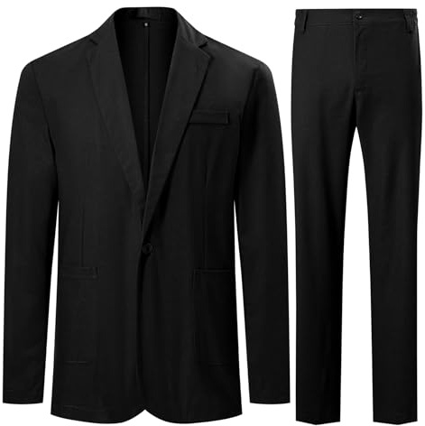 YFFUSHI Abito Uomo 2 Pezzi in Lino Misto 1 Bottone Revers a Punta Notch Lapel Taglio Classico Giacca e Pantalone Estate Casual, Nero, XL