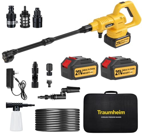 Traumheim Hidrolimpiadora inalámbrica, 17 Piezas, 8000 mAh, máx. 68 Bares, con Boquilla 6 en 1 y Boquilla giratoria de 180°, hidrolimpiadora portátil para Coches, Bicicletas, terrazas y Jardines.