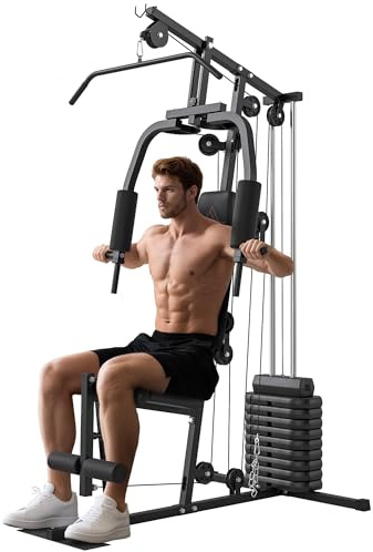 HOMCOM Multiestación Musculación, Máquina de Musculación con Prensa de Pecho, Placas de Peso de 45 kg, Curl de Piernas y Polea Mariposa, Carga 100 kg, para Entrenamiento Casa Gimnasio, Negro